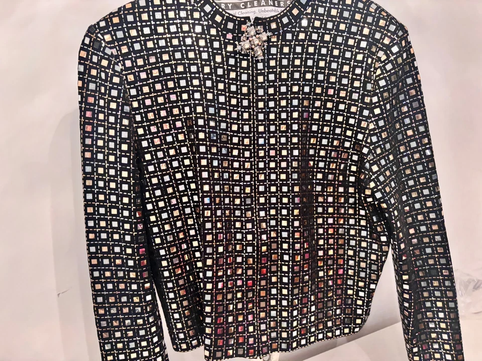 St John 12 L 10 Negro Embellecido Chaqueta de Noche Lentejuelas Cristales Falda Traje Foto 2 de 4