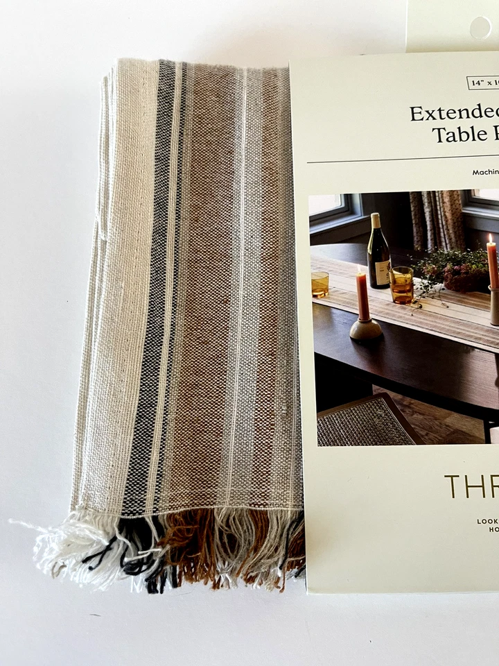 Threshold Cotton Linen Ivory Striped Table Runner Fringe Long 14" x 108" NWT - Image 2 of 4