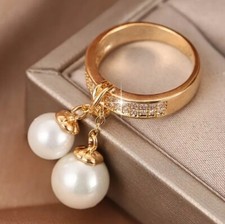 Goldfarben Kunstperlen Hänger Kostüm Ring Größe 0