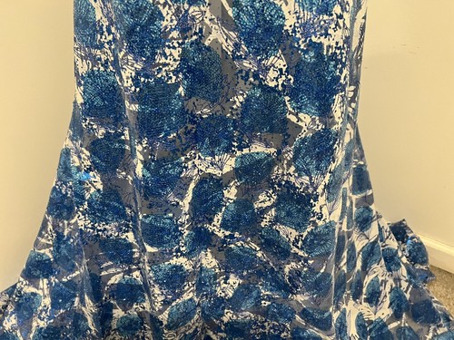 BLUE WHITE Sequins Embroidered Lace Fabric 50” Width Sold By The Yard - Picture 5 of 6