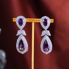 Silver Plated CZ Purple Long Leaf Teardrop Dangle Earrings Elegant Women Jewelry