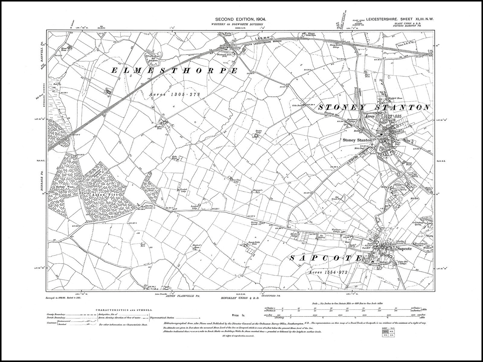 Stoney Stanton, Sapcote in 1904 old map Leicestershire 43NW eBay
