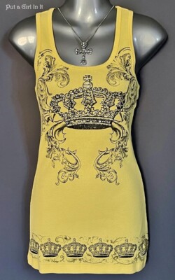 New VOCAL Womens CRYSTAL CANARY YELLOW CROWN BLING TANK TOP SHIRT L Large BIKER