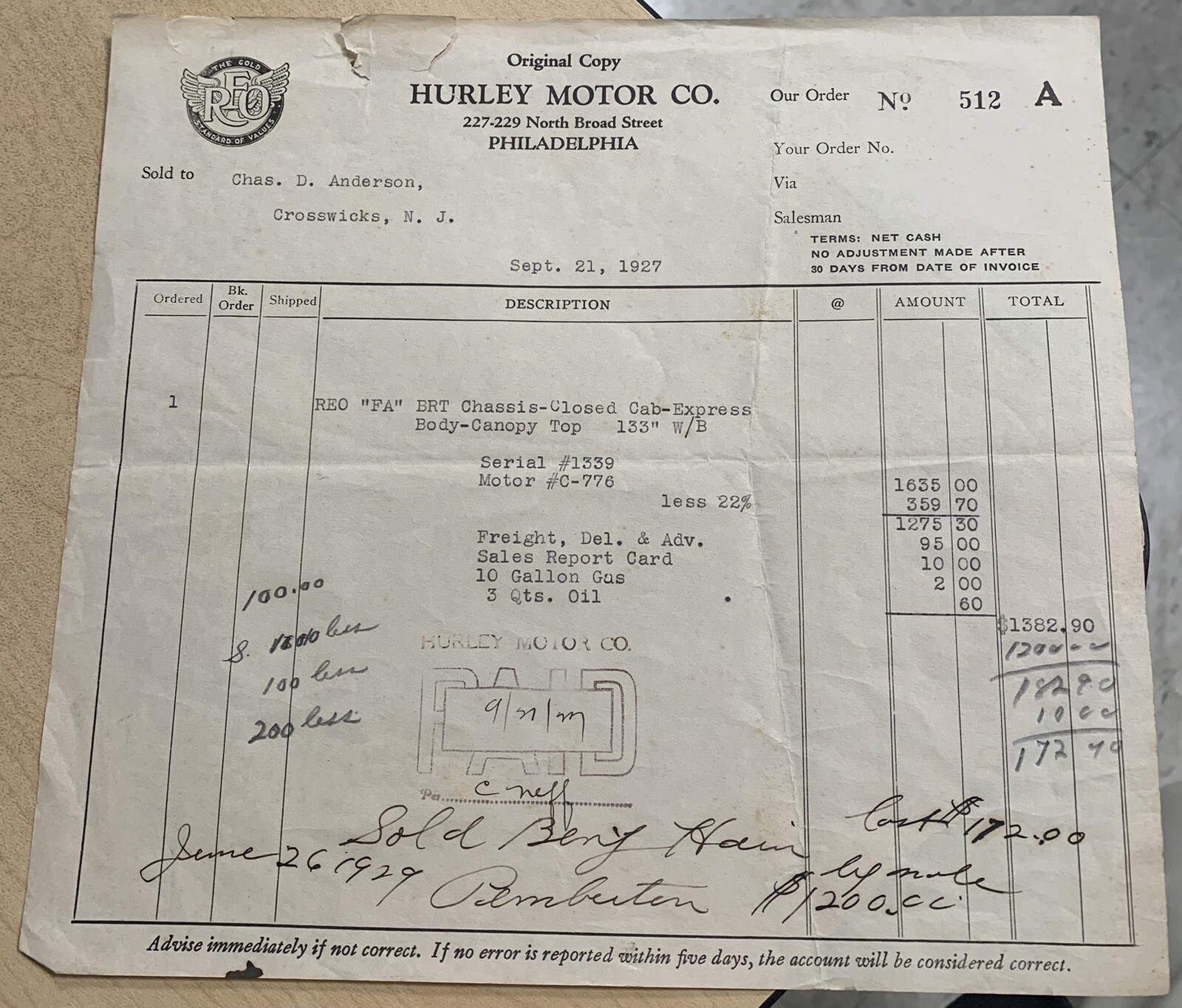 REO - Hurley Motor Co. Philadelphia PA Sales Invoice- Rare Item