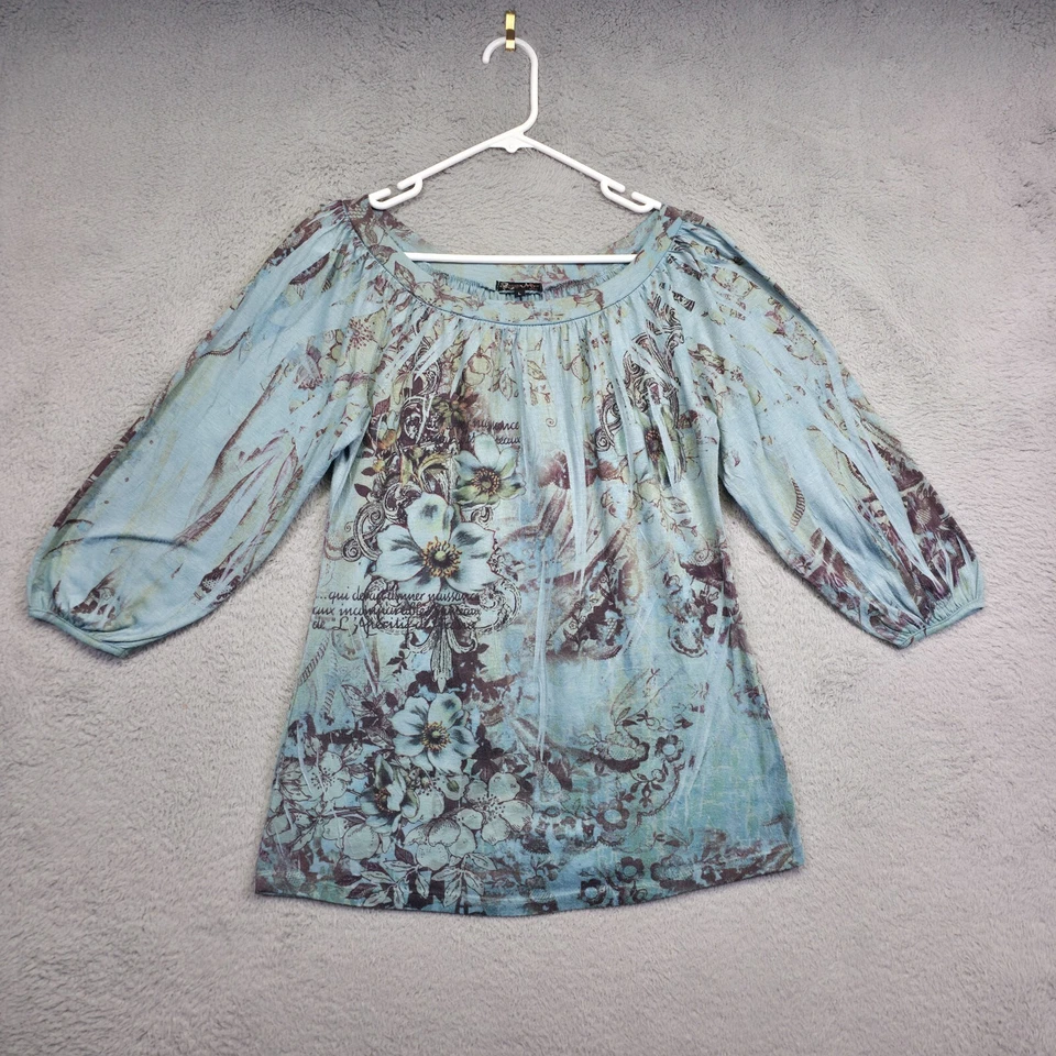 Top Jessica Max Mujer L Azul Cuello Redondo Floral Tejido Y2K Hada Artístico Hecho en EE. UU. Foto 2 de 4