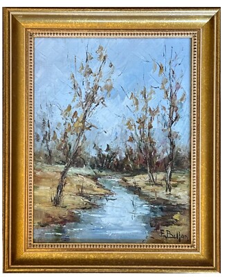 Etienne Bellan French Oil Painting   Tranquil Winter Stream, Signed, Framed