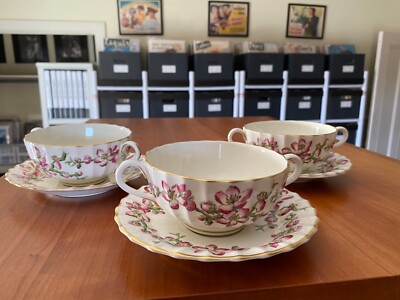 Vintage Royal Worcester Pomona Set of Three Two-Handle Bowls & Saucers!