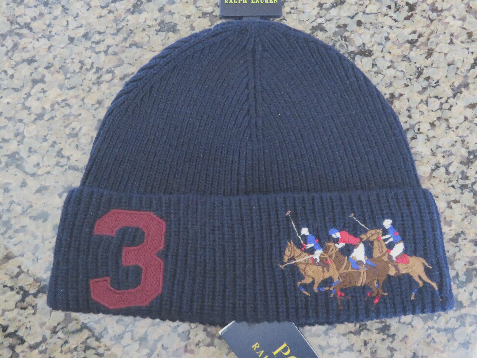 Cappello Polo RALPH LAUREN Beanie Firmato Pony Giocatori Miscela di Lana Polsino Lavorato a Coste