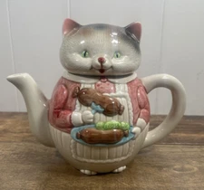 Vtg 1984 Teapot Ron Gordon 6" Ceramic Cat Eating Sausage, Cat, Cats & more Cats