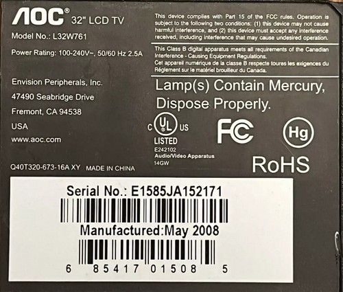 AOC TV LCD L32W761 Main Board 715T2486-H - Picture 2 of 10