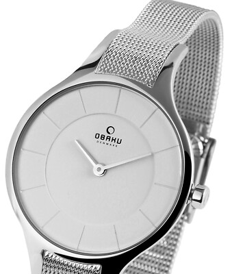 kleine Damen Frauen Uhr schmal Weiß Silber Edelstahl Meshband Milanaise OBAKU