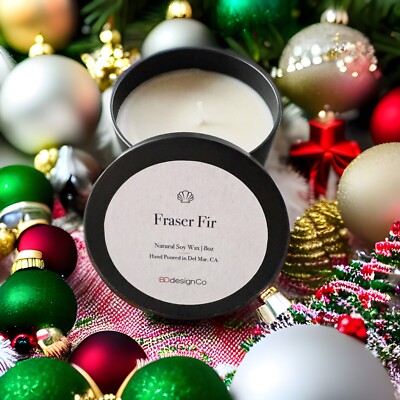 Holiday Fraser Fir 8 oz Soy Wax Candle in Black Tin