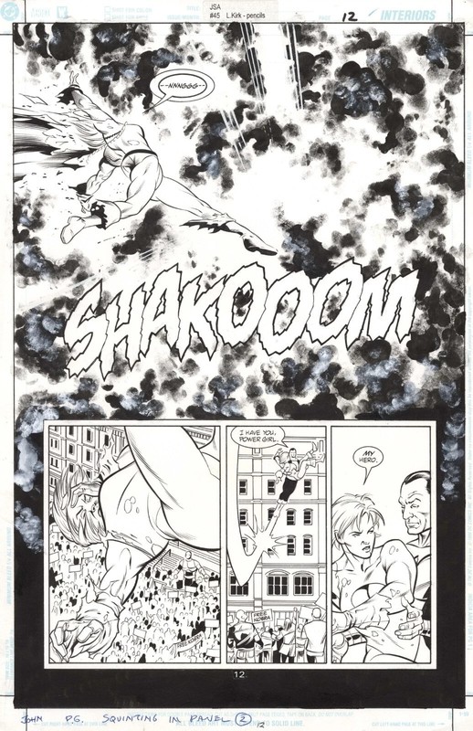 Kirk JSA 45 pg 12 SEXY POWER GIRL GETS CAUGHT IN EXPLOSION & UNIFORM BLOWN OFF