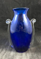 Blenko Blue Cobalt Glass with Clear Handles Millennium Vase Limited Edition