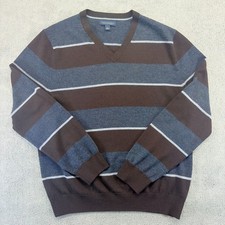 Banana Republic V-Neck Sweater Men's Large Brown Striped Extra Fine Merino Wool