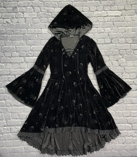Spirit Halloween Celestial Hooded Dress L Black Velvet Witch Costume Whimsigoth