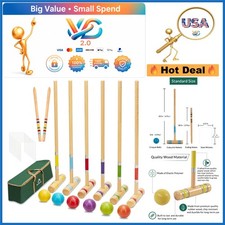 Six Player Croquet Set with Wooden Mallets Balls Wickets Stakes Outdoor Game ...