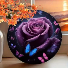 1pc 2D 2D Flat,1pc Vintage Purple Rose and Wall Art- 8x8inch Round Durable Alumi