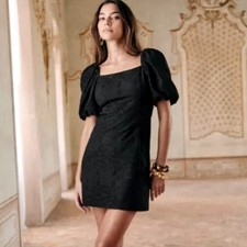 Sezane 2 Allya $250 Eyelet Mini Dress Puff Sleeves Cotton Scoop Neck Black 34 