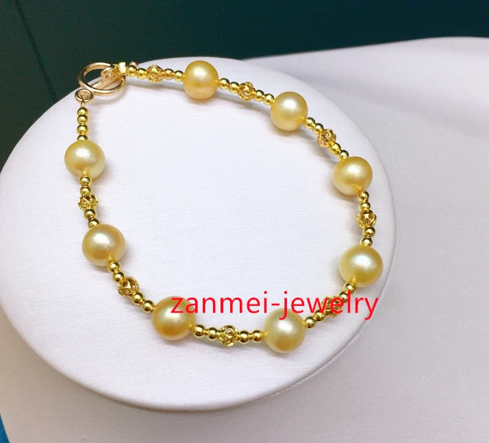 Настоящий натуральный 9-8 мм круглый подлинный золотой южного моря жемчуг браслет 14K золото P 7,5-8» - Изображение 2 из 4