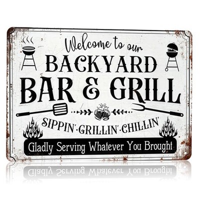 ASTRDECOR Backyard Bar & Grill Metal Tin 8 inches x 12 inches, Sign
