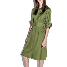 Abito 3.1 Phillip Lim verde popeline manica 3/4 vita con cintura schiena aperta taglia 2 nuovo con etichette