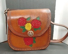 Vintage 70's Leather Purse Hand Tooled Painted Roses Leather Shoulder Bag