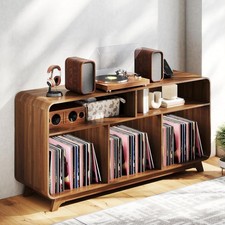 Record Player Stand with Vinyl Storage Cabinet with Charging Station USB Ports