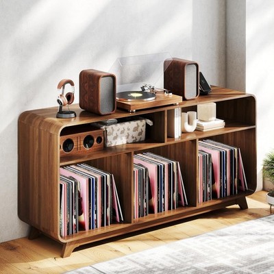 Record Player Stand with Vinyl Storage Cabinet with Charging Station & USB Ports