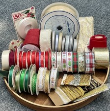 Vintage Christmas Ribbon Lot 47 Pc Holiday Craft Satin Plaid Gold Wired Trim