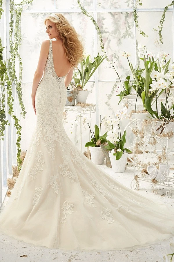 Designer Brautkleid Mori Lee tiefer Rücken Boho Vintage Spitze Fit + Flare Gr 10 - Bild 2 von 4