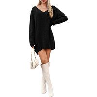 Damen Oversize Strickkleid V-Ausschnitt Langarm Strick Schwarz M