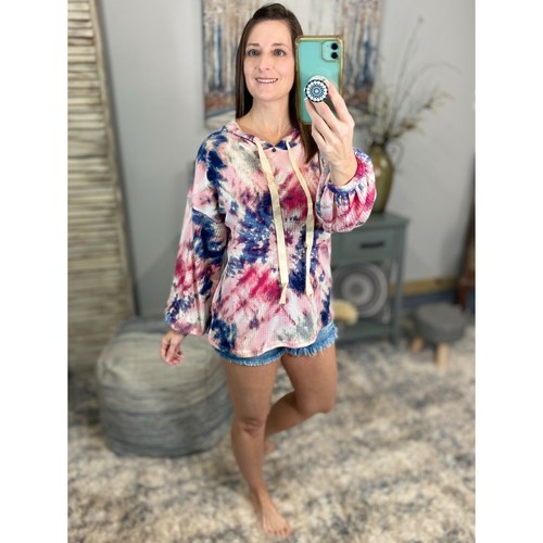 Tie Dye Crew Neck Hoodie Waffle Drawstring Light Long Sleeve Pink - Picture 8 of 12