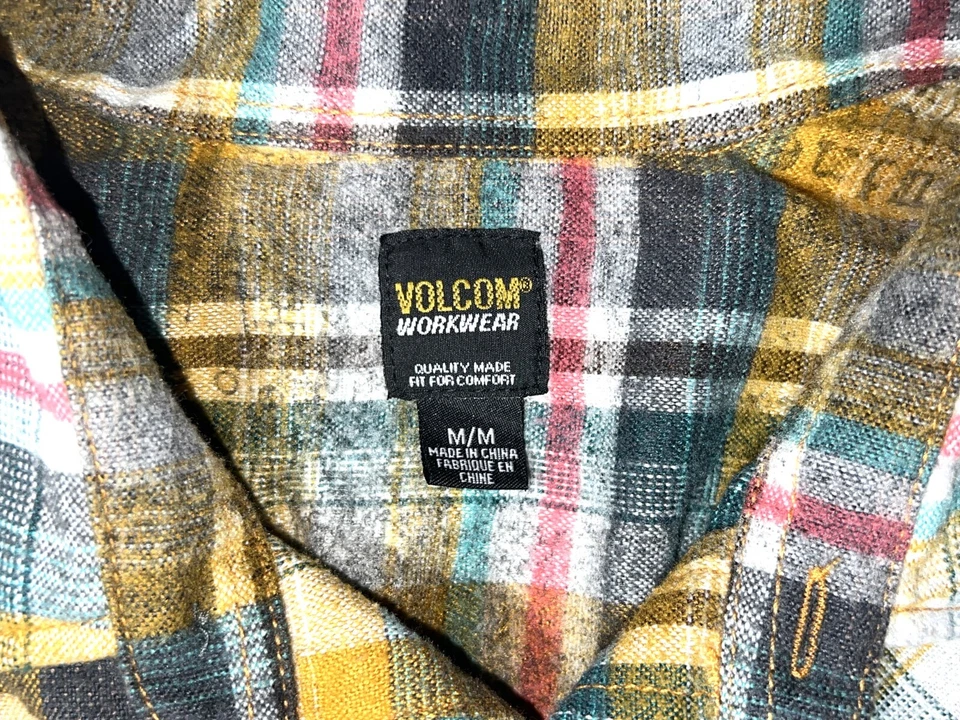 Volcom Yellow Plaid Striped Snap Button Down Flannel Long Sleeve Shirt Top Men M - Image 3 of 4