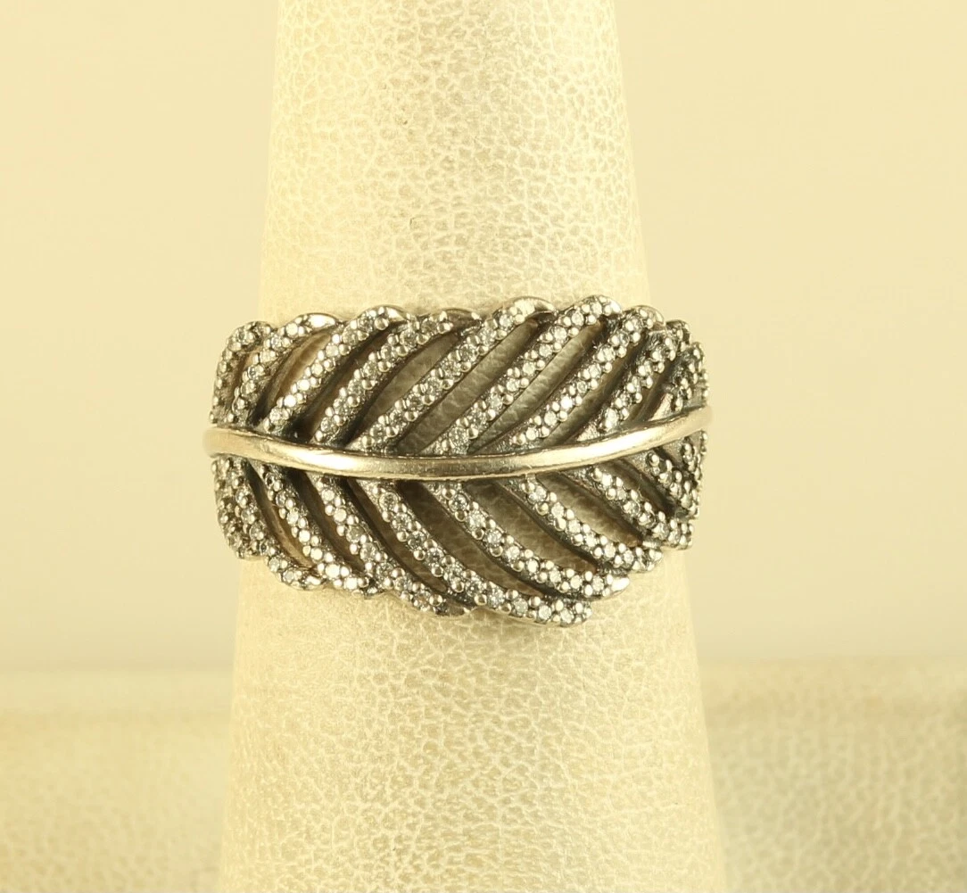 Vintage Sterling Silver Pandora Ale Cubic Zirconia Leaf Pattern Band Ring