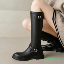 Women's Buckles Low Heel Knee High Boots Leather Riding Long Shoes Autumn Winter