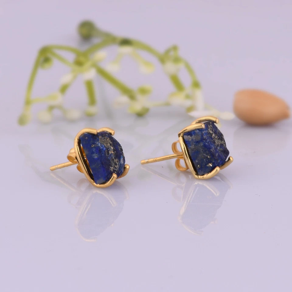 Aretes de plata 925 chapados en oro de 18k lapislázuli crudo joyería curativa Foto 3 de 4