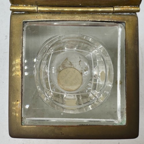 Antique 1920s Art Deco Inkwell Black Beveled Onyx Glass Hinged Brass Lid - Picture 8 of 10