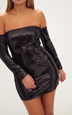 PrettyLittleThing Black Sequin Long Sleeve Bardot Bodycon Mini Party Dress, 6