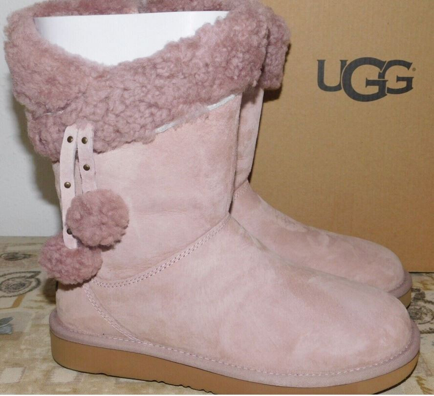 NEW WOMENS SZ 7 DUSK PINK UGG PLUMDALE CUFF SHORT SUEDE SHEEPSKIN