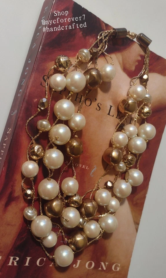 Dabby Reid NYC Designer 6 Strand Necklace Pearls Golden Beads Handmade Signed - Image 3 of 4