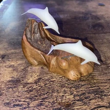 Vintage Signed John Perry 2 Dolphins Sculpture On Burlwood c. 1977