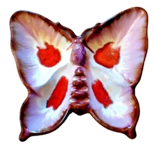 VINTAGE BUTTERFLY ASHTRAY MAUVE PURPLE RED DRIP GLAZE CERAMIC MCM   9" x 8"