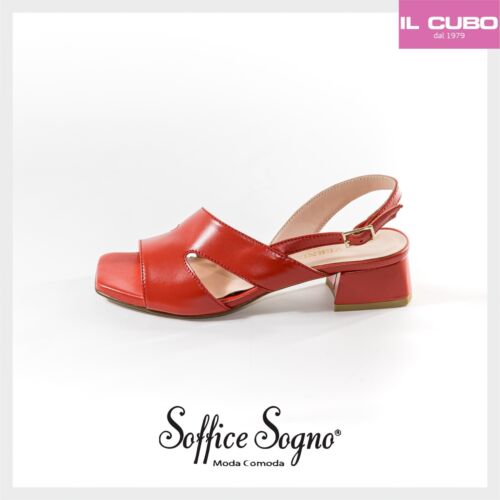 SANDALO DONNA SOFFICE SOGNO PELLE COLORE ROSSO TACCO H 3 CM MADE IN ITALY - Afbeelding 1 van 5