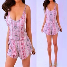 BIRD BEE Pink Dark Green Paisley Spaghetti Strap Shorts Romper Jumpsuit L NWT