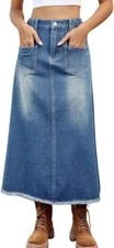 Women Casual Jean Skirt Y2k Ripped Mid Long Denim Midi Skirt Distressed Frayed