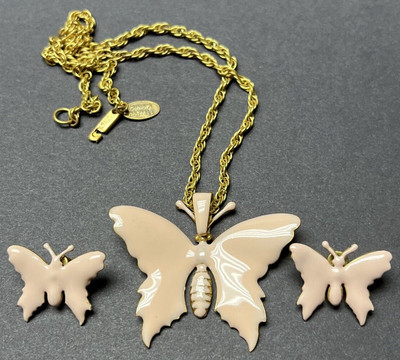 Vintage Miriam Haskell Peach Enamel Gold Metal Butterfly Earrings Necklace