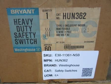 Bryant Westinghouse HUN362 Heavy Duty Safety Switch 3P 60A 600V New in Box