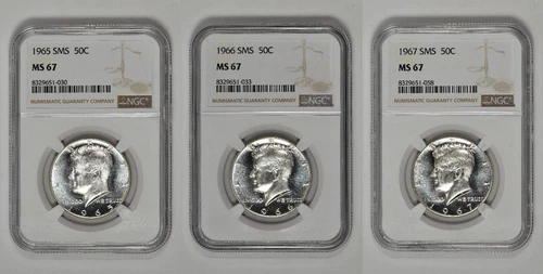 1965 - 1967 SMS 50c Kennedy Half Dollar NGC MS 67 Three Coin Lot Light Cameos