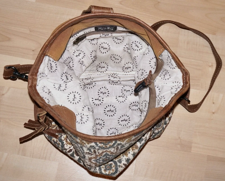 MYRA Tan, Gray, & Ivory Cotton Canvas & Leather Crossbody Shoulder Bag - Image 3 of 4